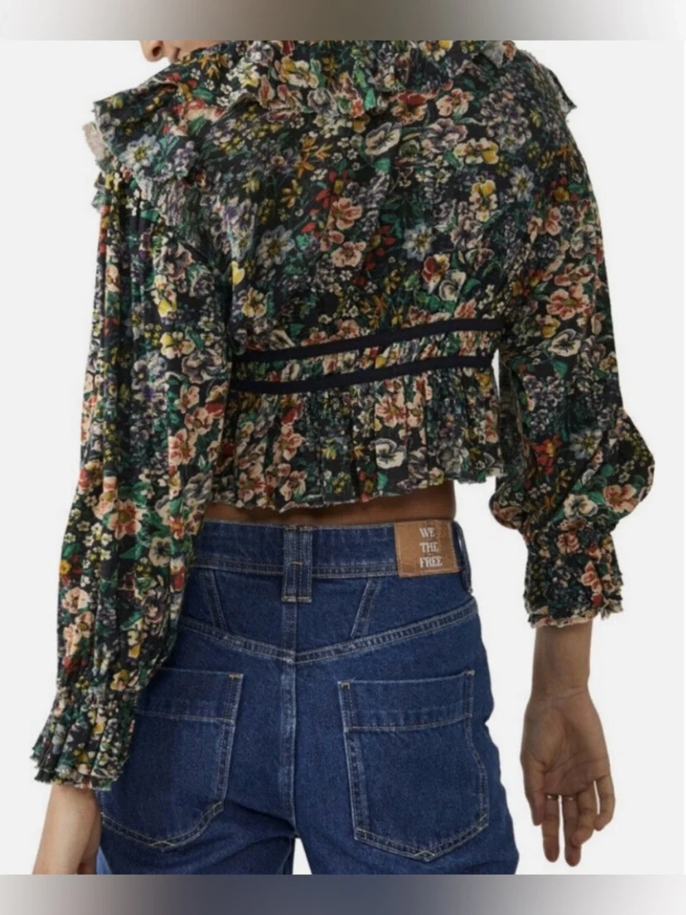 Free People Black and Multicolor Floral Ruffle Long Sleeve Blouse - Size S NWT